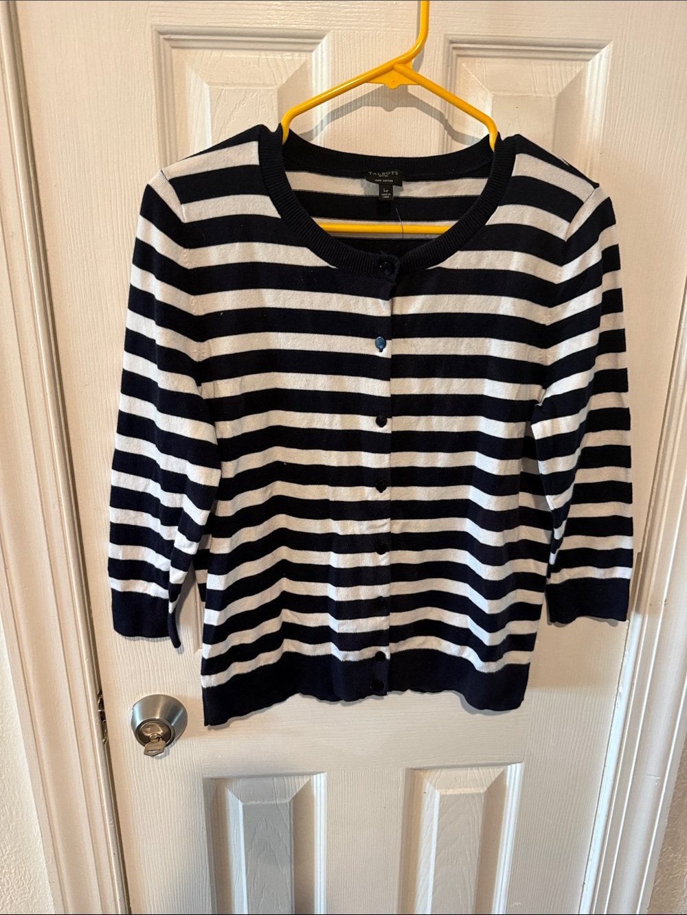 Talbots Navy and White Striped Button-Front Cardigan
